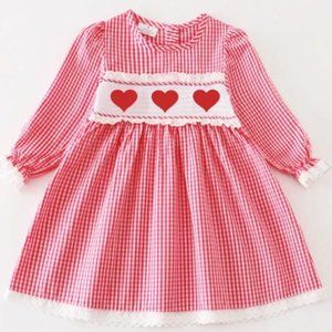 Valentine's Day Smocked Embroidered Heart Long Sleeve Dress